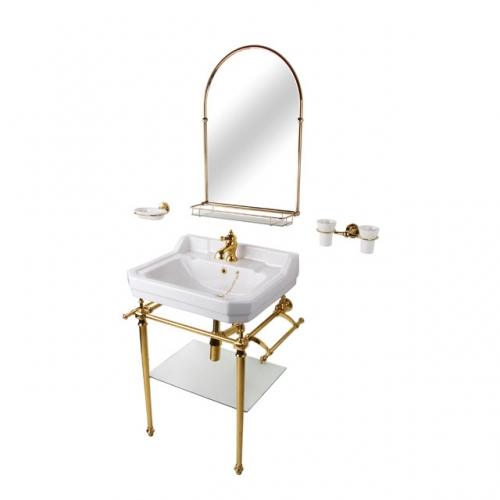 Traditional Ceramic basin with basin stand and tap and waste and towel hook and mirror with glass shelf and two teeth cup and soap bowl- Pvd USA gold