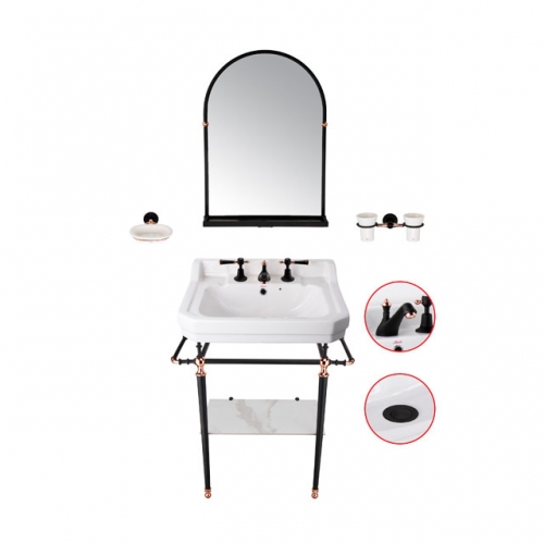 Traditional Ceramic basin with basin stand and tap and waste and towel hook and mirror with glass shelf and two teeth cup and soap bowl-matt black and