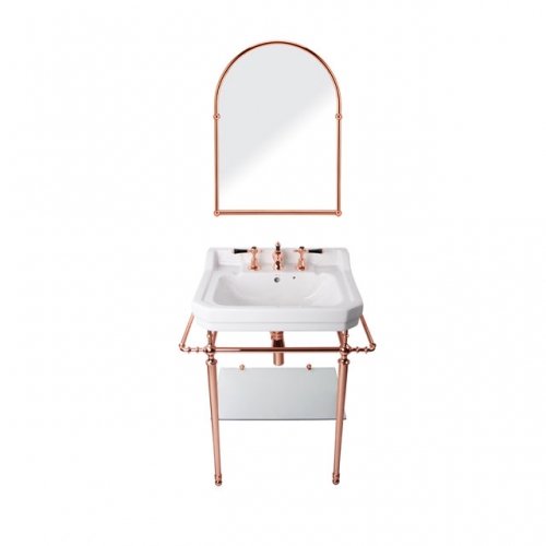Traditional Ceramic basin with basin stand and tap and waste and towel hook and mirror with glass shelf- rose gold