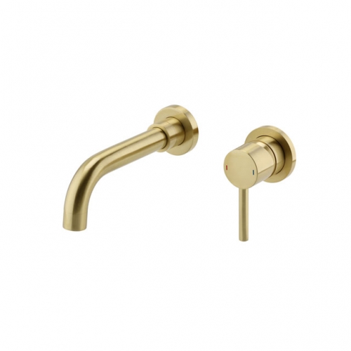 Round Brushed Brass Wall Mounted (2TH) Basin Mixer Tap